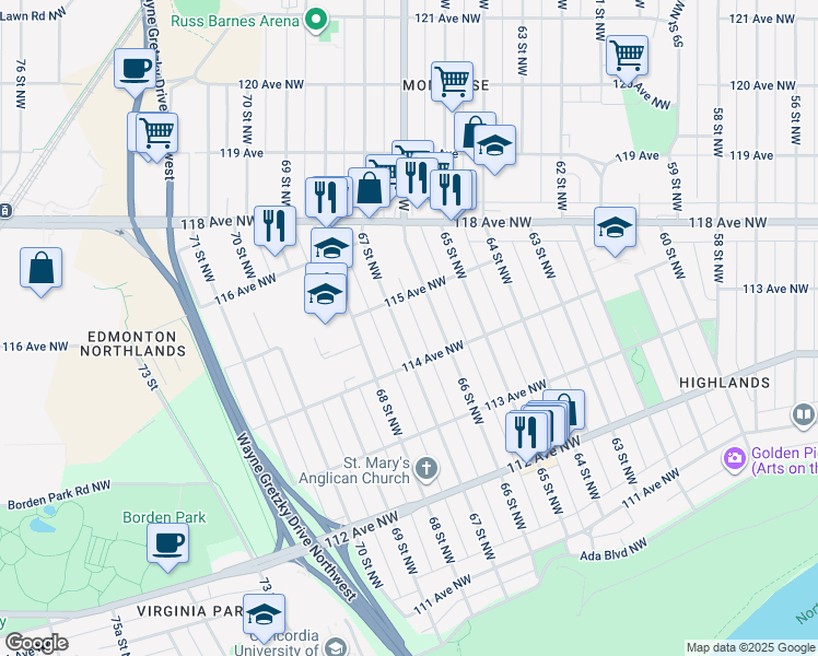 map of restaurants, bars, coffee shops, grocery stores, and more near 11436 67 Street Northwest in Edmonton