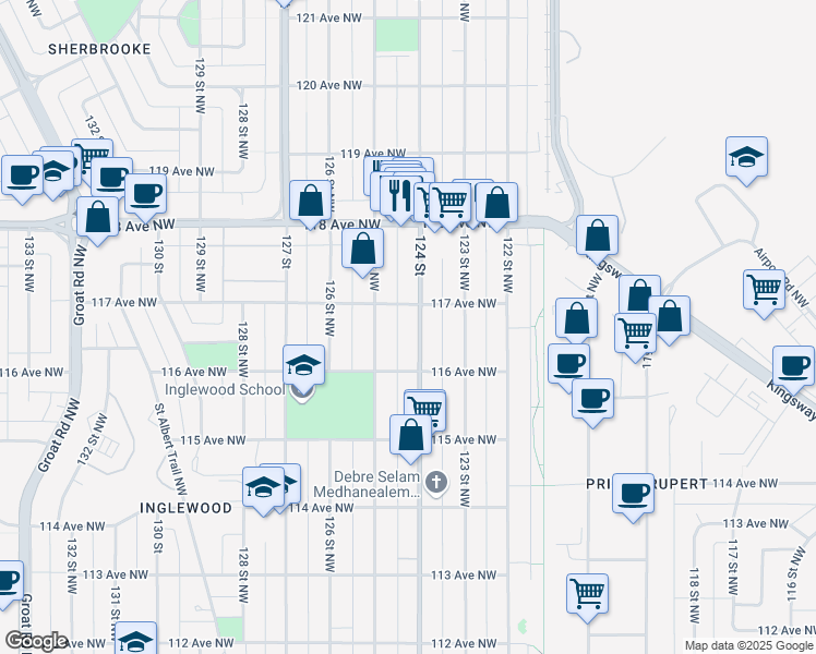 map of restaurants, bars, coffee shops, grocery stores, and more near 11644 124 Street in Edmonton