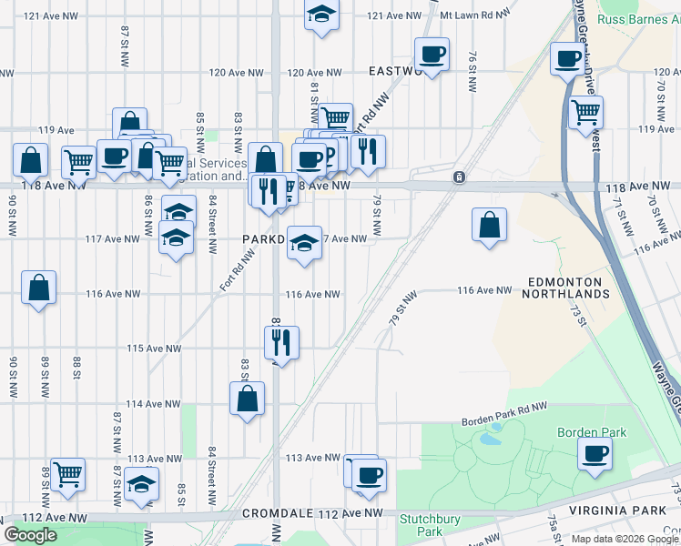 map of restaurants, bars, coffee shops, grocery stores, and more near 11618 80 Street Northwest in Edmonton