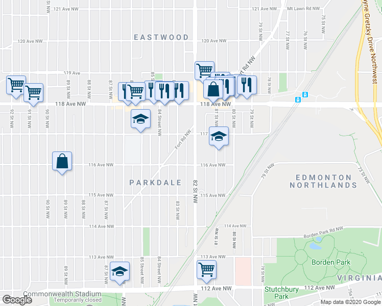 map of restaurants, bars, coffee shops, grocery stores, and more near 11618 82 Street Northwest in Edmonton