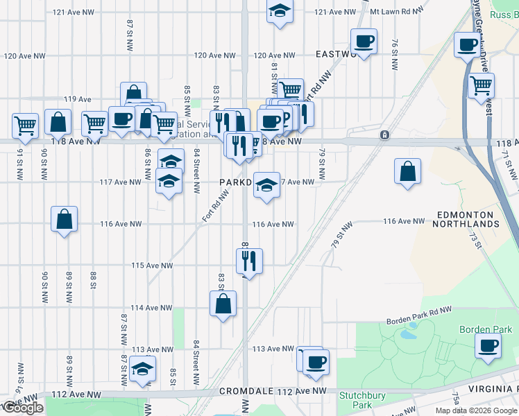 map of restaurants, bars, coffee shops, grocery stores, and more near 11624 81 Street Northwest in Edmonton