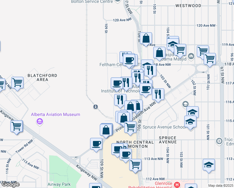 map of restaurants, bars, coffee shops, grocery stores, and more near 11762 106 Street Northwest in Edmonton