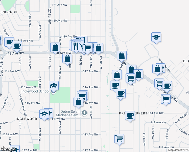 map of restaurants, bars, coffee shops, grocery stores, and more near 11631 123 Street Northwest in Edmonton