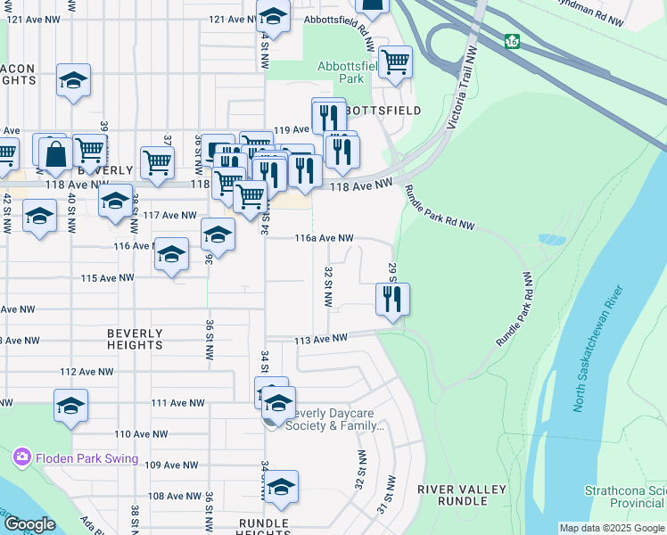 map of restaurants, bars, coffee shops, grocery stores, and more near 1105 32 Street Northwest in Edmonton