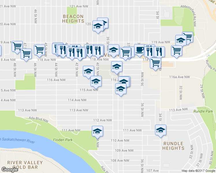 map of restaurants, bars, coffee shops, grocery stores, and more near 3820 115 Avenue Northwest in Edmonton