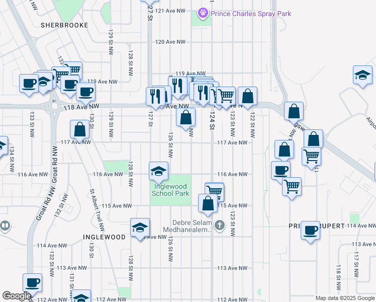 map of restaurants, bars, coffee shops, grocery stores, and more near 11632 125 Street Northwest in Edmonton
