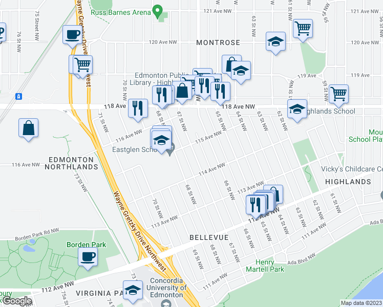 map of restaurants, bars, coffee shops, grocery stores, and more near 11436 67 Street Northwest in Edmonton
