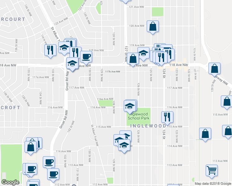 map of restaurants, bars, coffee shops, grocery stores, and more near 11635 128 Street Northwest in Edmonton