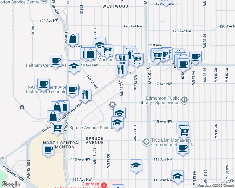 map of restaurants, bars, coffee shops, grocery stores, and more near 10216 116 Avenue Northwest in Edmonton