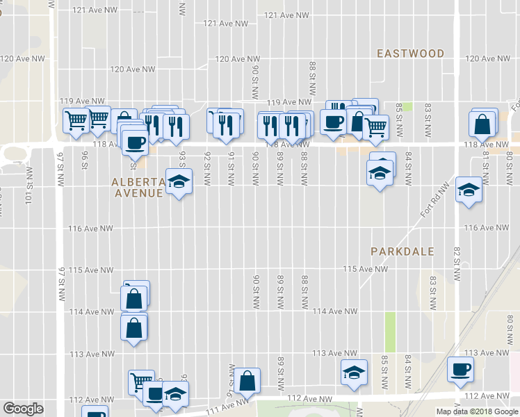 map of restaurants, bars, coffee shops, grocery stores, and more near 11623 90 Street Northwest in Edmonton