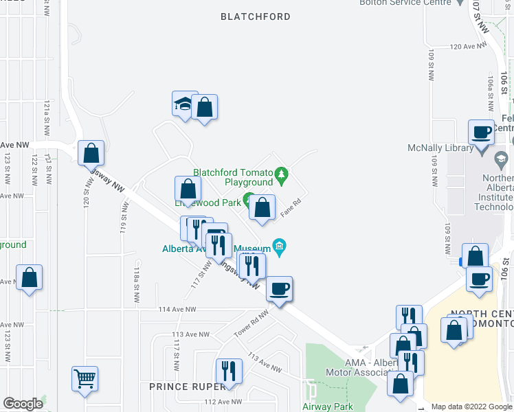 map of restaurants, bars, coffee shops, grocery stores, and more near 29 Airport Road Northwest in Edmonton