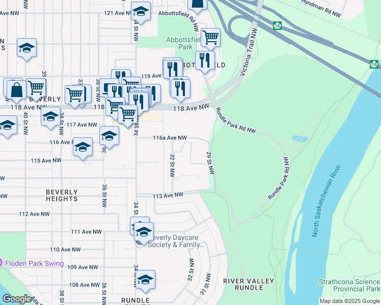 map of restaurants, bars, coffee shops, grocery stores, and more near 1105 32 Street Northwest in Edmonton