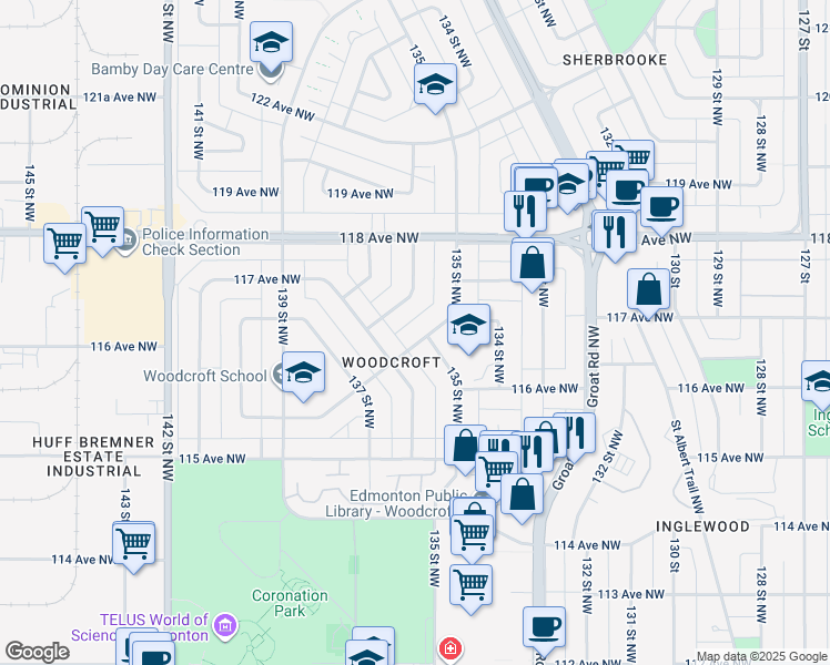 map of restaurants, bars, coffee shops, grocery stores, and more near 13528 Woodcroft Avenue Northwest in Edmonton