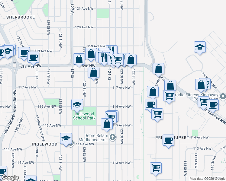 map of restaurants, bars, coffee shops, grocery stores, and more near in Edmonton
