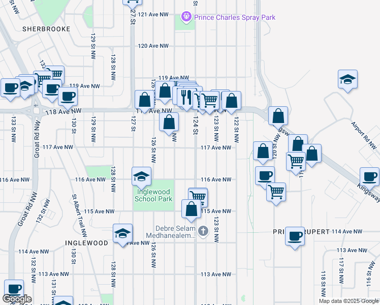 map of restaurants, bars, coffee shops, grocery stores, and more near 11644 124 Street in Edmonton
