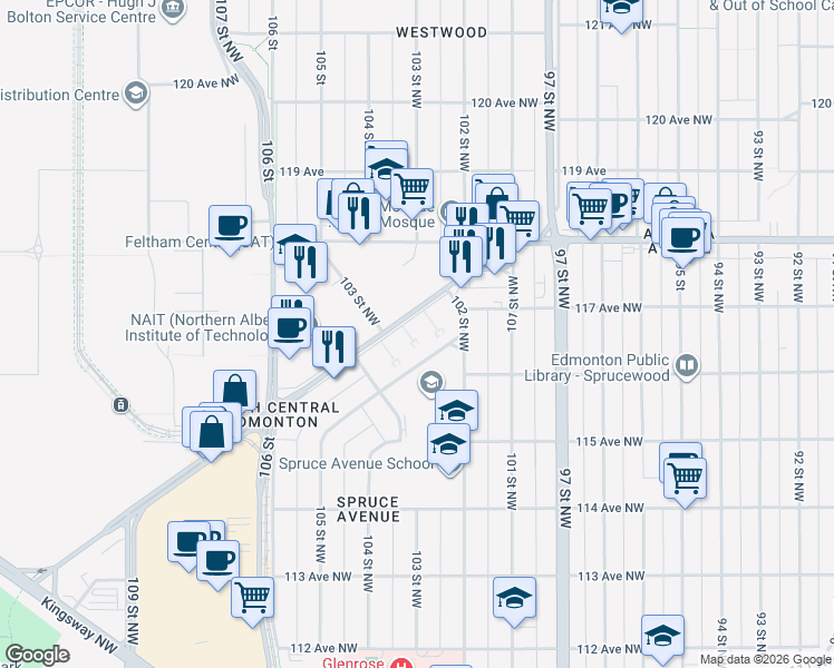 map of restaurants, bars, coffee shops, grocery stores, and more near 10211 Princess Elizabeth Avenue Northwest in Edmonton