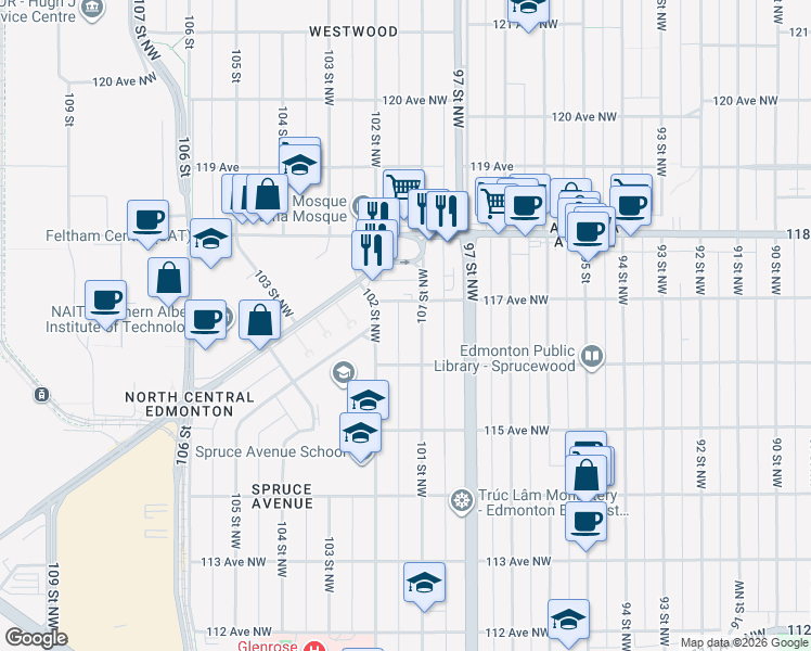 map of restaurants, bars, coffee shops, grocery stores, and more near 11626 101 Street Northwest in Edmonton