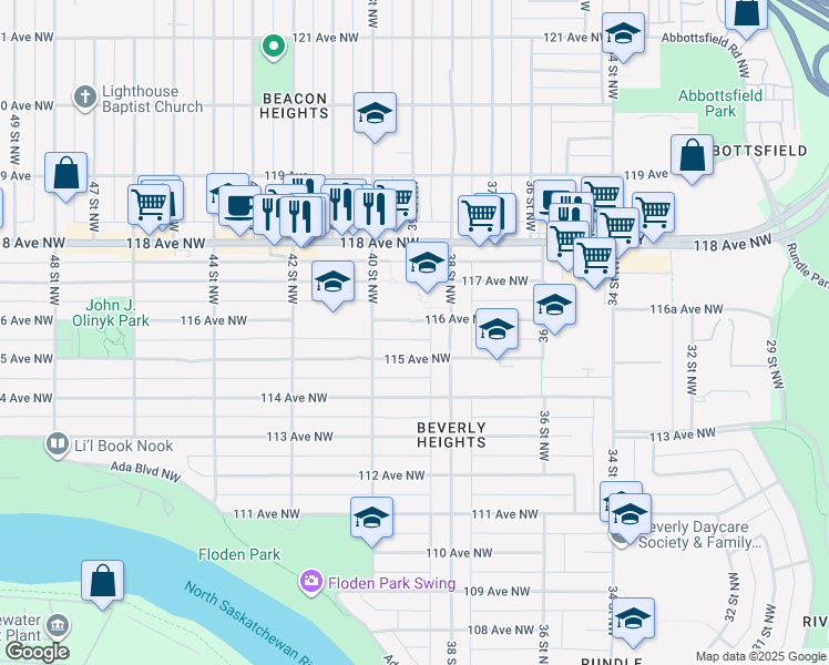map of restaurants, bars, coffee shops, grocery stores, and more near 3820 115 Avenue Northwest in Edmonton