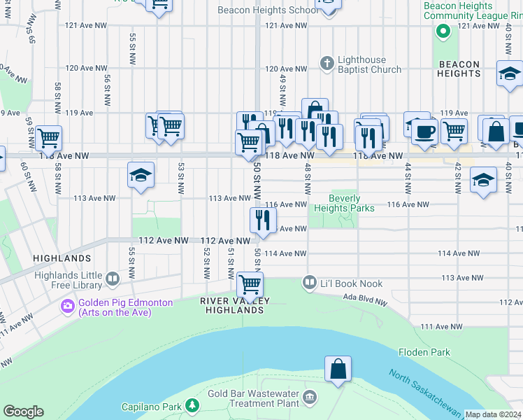map of restaurants, bars, coffee shops, grocery stores, and more near 11507 50 Street Northwest in Edmonton
