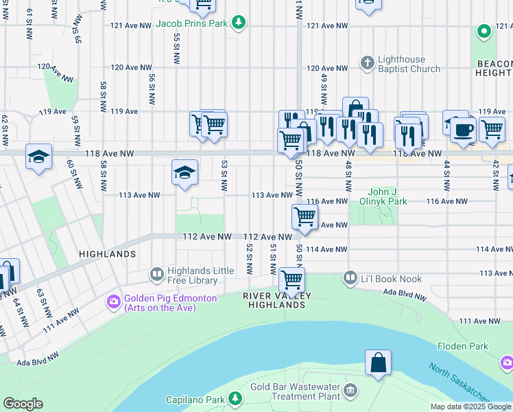 map of restaurants, bars, coffee shops, grocery stores, and more near 11227 52 Street Northwest in Edmonton