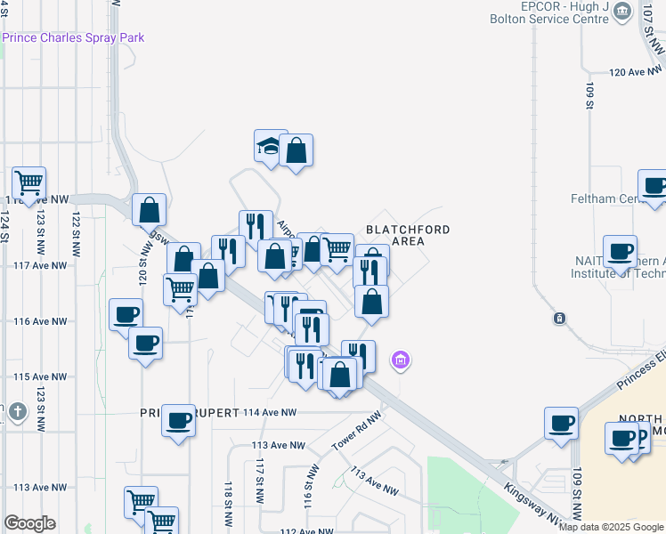 map of restaurants, bars, coffee shops, grocery stores, and more near 42 Airport Road Northwest in Edmonton