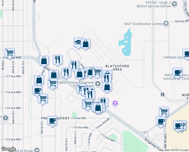map of restaurants, bars, coffee shops, grocery stores, and more near 42 Airport Road Northwest in Edmonton