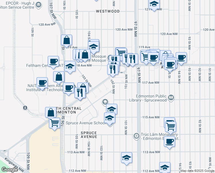 map of restaurants, bars, coffee shops, grocery stores, and more near 10216 116 Avenue Northwest in Edmonton