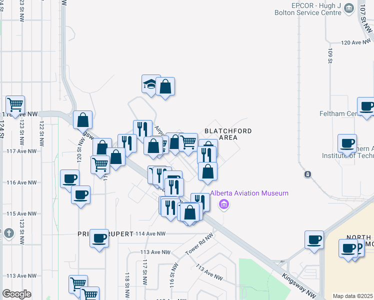 map of restaurants, bars, coffee shops, grocery stores, and more near 42 Airport Road Northwest in Edmonton