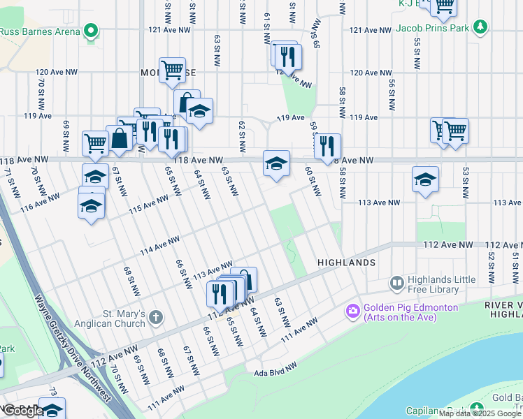 map of restaurants, bars, coffee shops, grocery stores, and more near 11344 62 Street Northwest in Edmonton