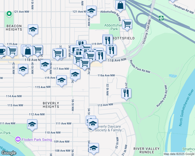 map of restaurants, bars, coffee shops, grocery stores, and more near 3307 116A Avenue Northwest in Edmonton