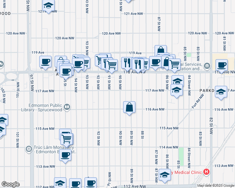 map of restaurants, bars, coffee shops, grocery stores, and more near 11623 90 Street Northwest in Edmonton