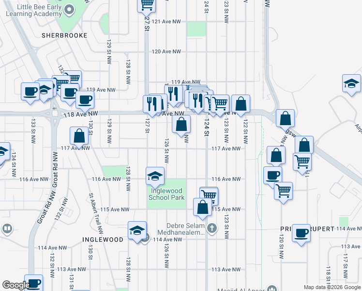 map of restaurants, bars, coffee shops, grocery stores, and more near 11632 125 Street Northwest in Edmonton
