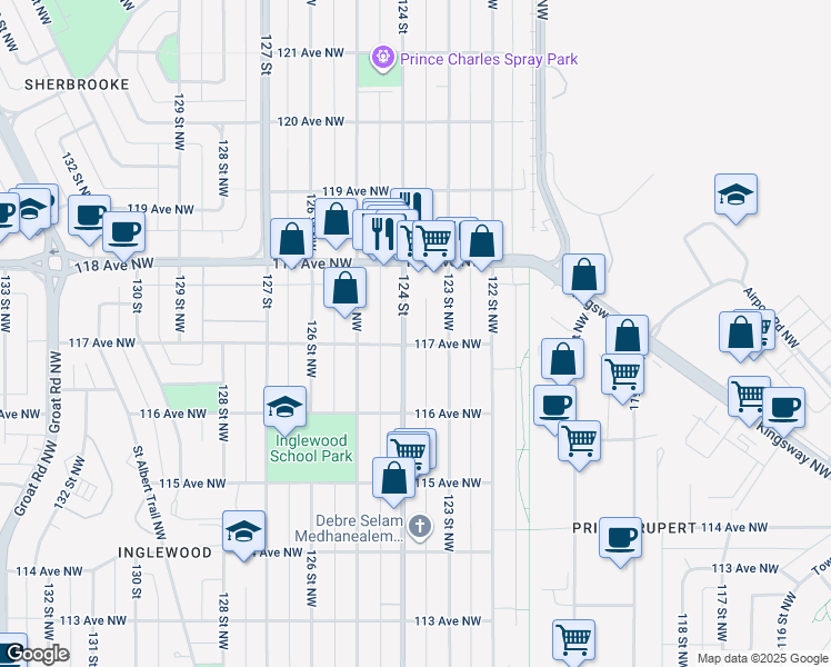 map of restaurants, bars, coffee shops, grocery stores, and more near 11707 124 Street Northwest in Edmonton