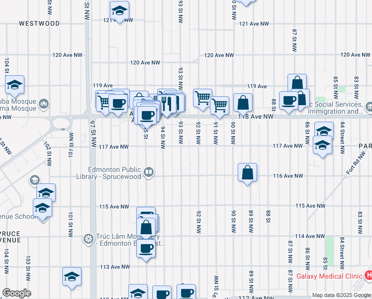 map of restaurants, bars, coffee shops, grocery stores, and more near in Edmonton