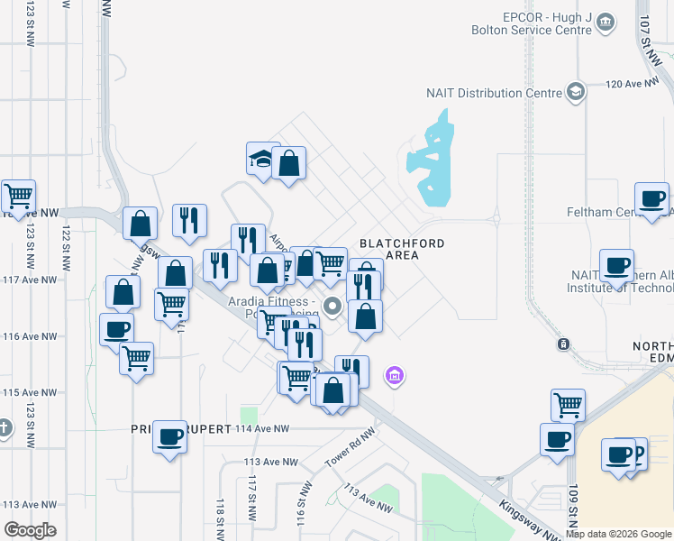 map of restaurants, bars, coffee shops, grocery stores, and more near 42 Airport Road Northwest in Edmonton