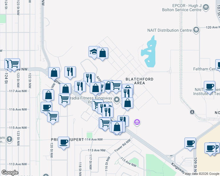 map of restaurants, bars, coffee shops, grocery stores, and more near 52 Airport Road Northwest in Edmonton