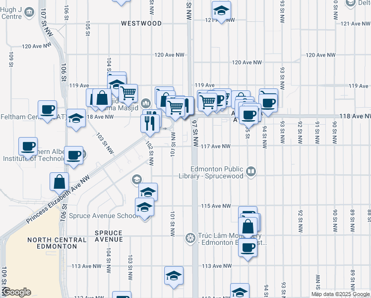 map of restaurants, bars, coffee shops, grocery stores, and more near 11648 97 Street Northwest in Edmonton