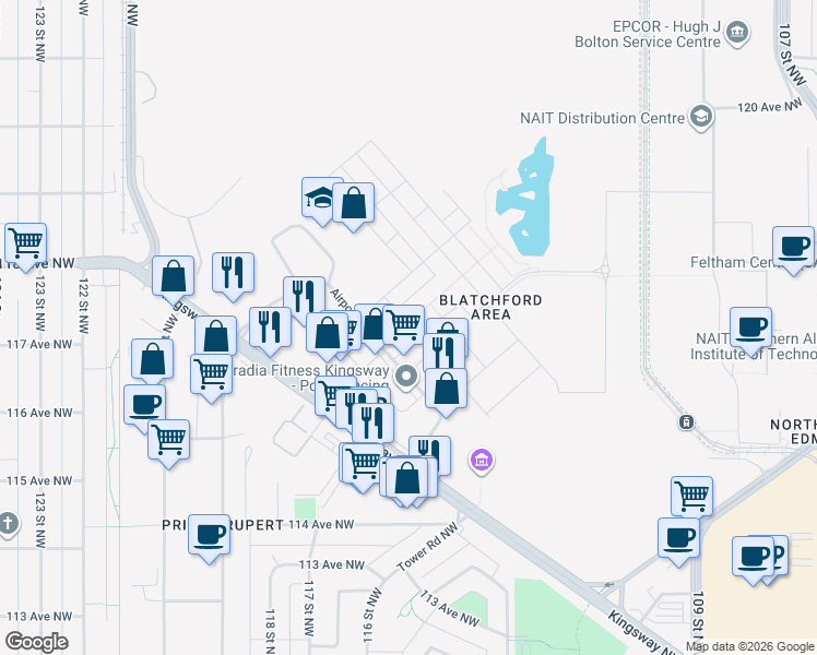 map of restaurants, bars, coffee shops, grocery stores, and more near 59 Airport Road Northwest in Edmonton