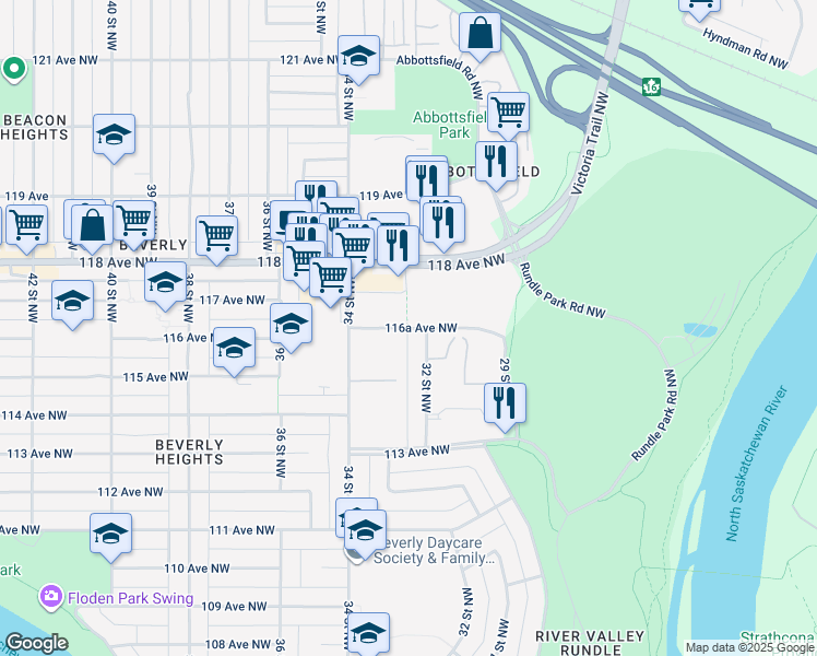 map of restaurants, bars, coffee shops, grocery stores, and more near 3350 116A Avenue Northwest in Edmonton