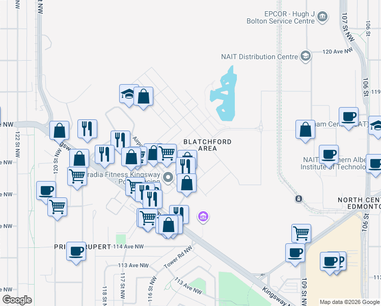 map of restaurants, bars, coffee shops, grocery stores, and more near 7729 Yorke Mews Northwest in Edmonton