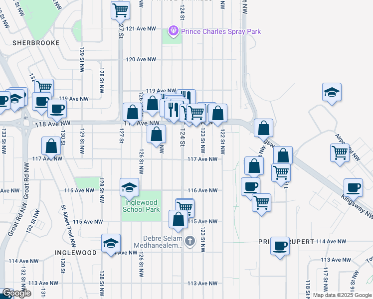map of restaurants, bars, coffee shops, grocery stores, and more near in Edmonton