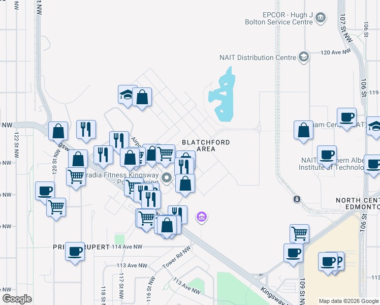 map of restaurants, bars, coffee shops, grocery stores, and more near 7729 Yorke Mews Northwest in Edmonton