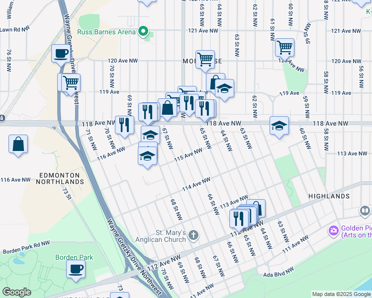 map of restaurants, bars, coffee shops, grocery stores, and more near 11508 66 Street Northwest in Edmonton