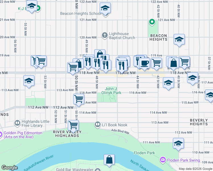 map of restaurants, bars, coffee shops, grocery stores, and more near in Edmonton