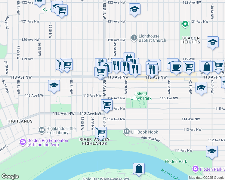 map of restaurants, bars, coffee shops, grocery stores, and more near 4829 117 Avenue Northwest in Edmonton