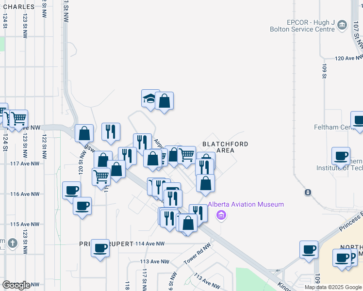 map of restaurants, bars, coffee shops, grocery stores, and more near 59 Airport Road Northwest in Edmonton