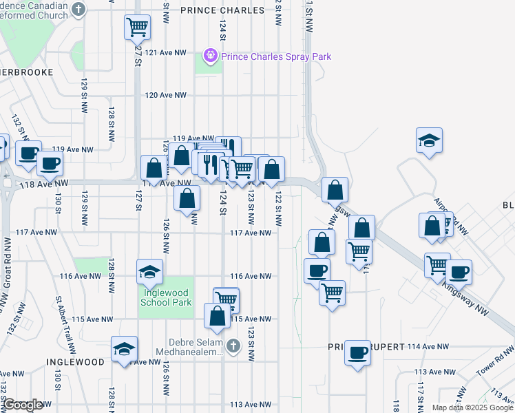 map of restaurants, bars, coffee shops, grocery stores, and more near 11725 123 Street Northwest in Edmonton