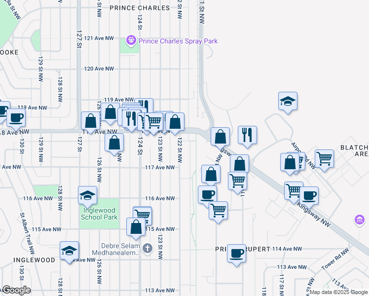 map of restaurants, bars, coffee shops, grocery stores, and more near 11733 122 Street Northwest in Edmonton