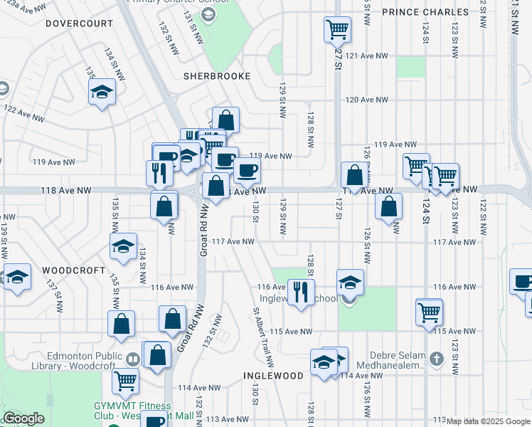 map of restaurants, bars, coffee shops, grocery stores, and more near 11727 130 Street in Edmonton