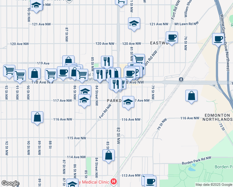 map of restaurants, bars, coffee shops, grocery stores, and more near 11718 Fort Road Northwest in Edmonton
